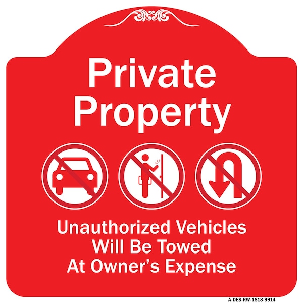 Signmission Private Property Unauthorized Vehicles Towed No Cars No Solicitors No Turn Around Sym, RW-1818-9914 A-DES-RW-1818-9914 - main